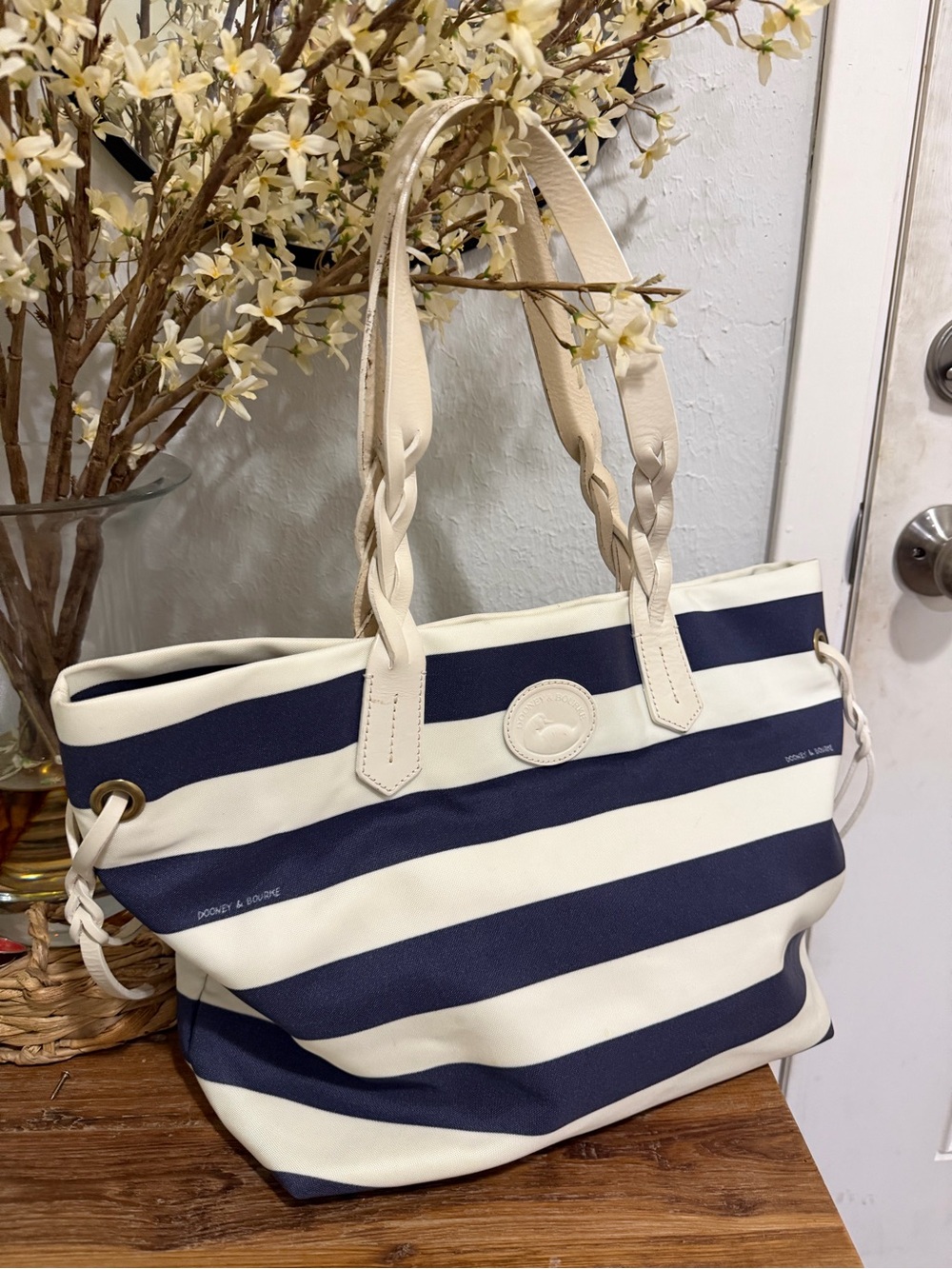 Dooney & Bourke Navy and Cream Striped Tote with Braided leather Handles - Picture 5 of 9